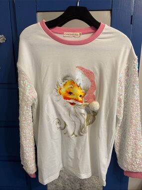 SPARKLY Santa Graphic Long Sleeve Top - Pink Trim - XS BUT OVERSIZED
